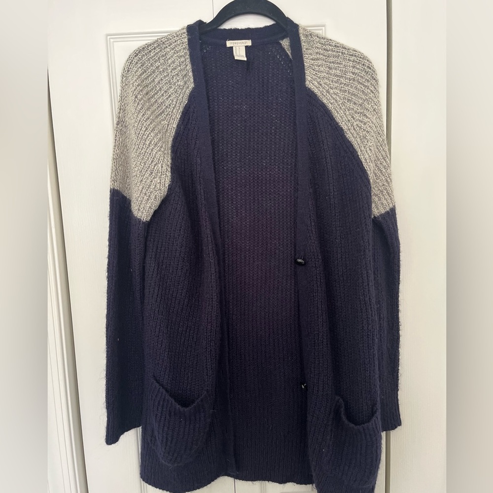 Forever 21 long cardigan sweater color block gray and blue size Large